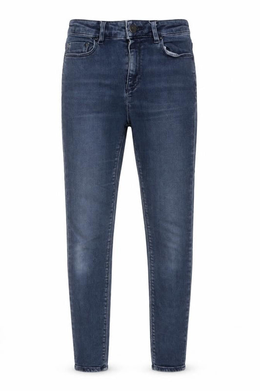 Front view of ASOS women’s blue cotton skinny jeans, size UK 26, in, 32-inch leg regular button