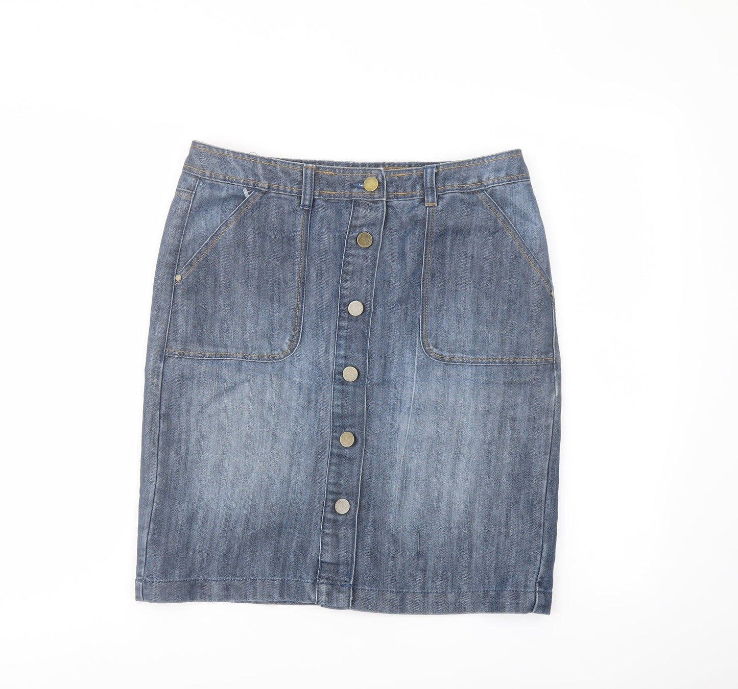 BHS Womens Blue Cotton A-Line Skirt Size 10 Button