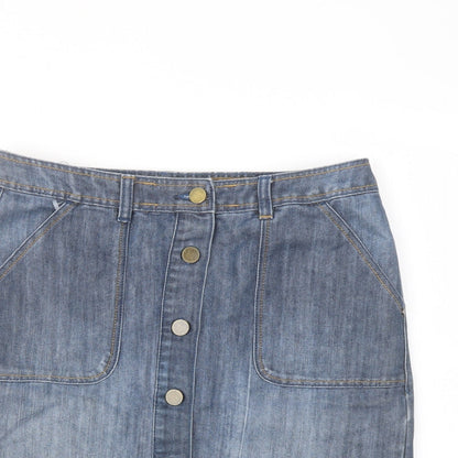BHS Womens Blue Cotton A-Line Skirt Size 10 Button