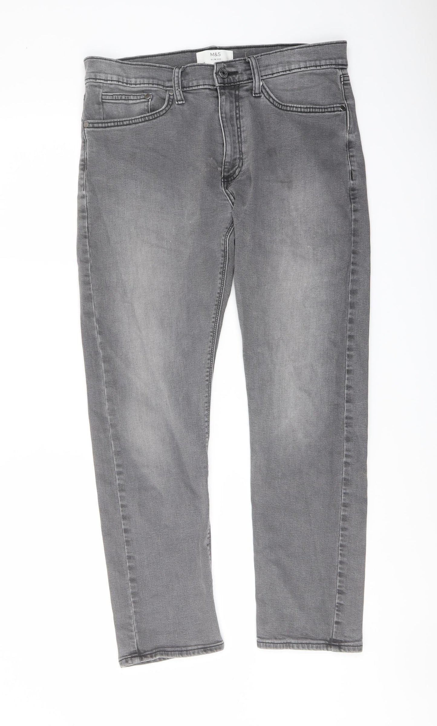 Marks and Spencer Mens Grey Cotton Straight Jeans Size 32 in L29 in Slim Button