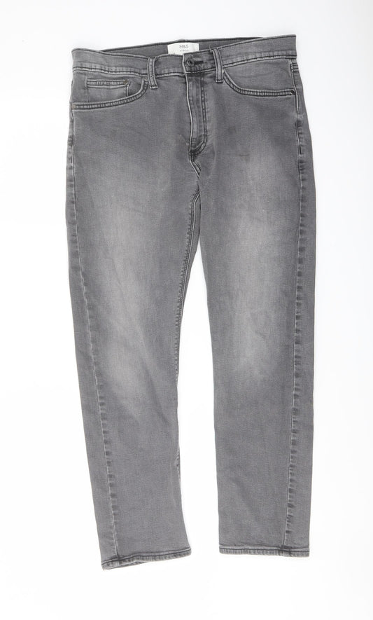 Marks and Spencer Mens Grey Cotton Straight Jeans Size 32 in L29 in Slim Button