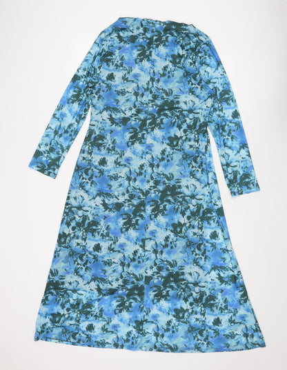 Marks and Spencer Womens Blue Floral Polyester A-Line Size 12 Square Neck Pullover