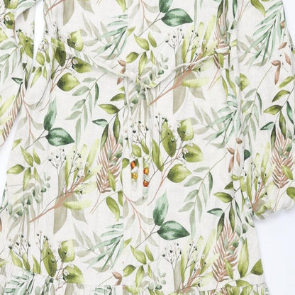 SPLASH Womens Multicoloured Geometric Viscose Maxi Size 10 Round Neck Button - Plant Print Smocked Beaded Belt