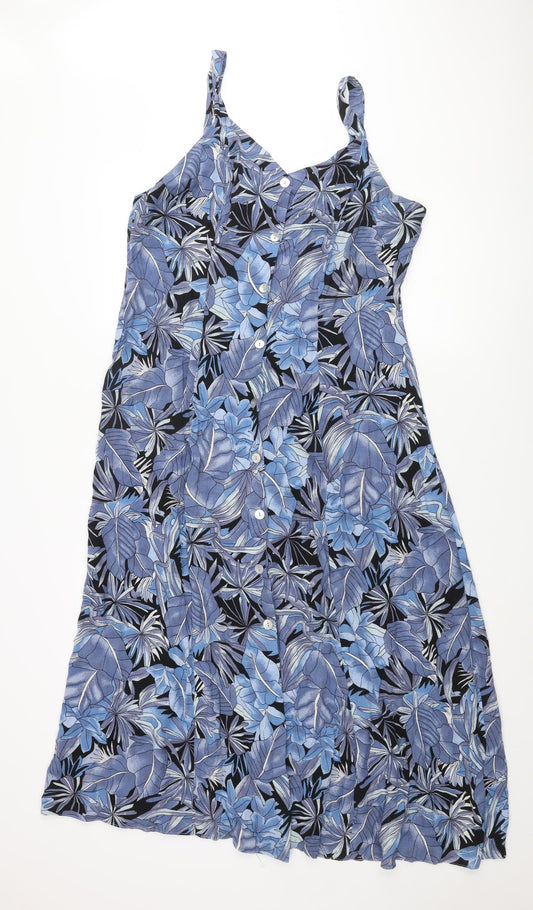 Berkertex Womens Blue Geometric Viscose A-Line Size 16 V-Neck Button - Plant Print