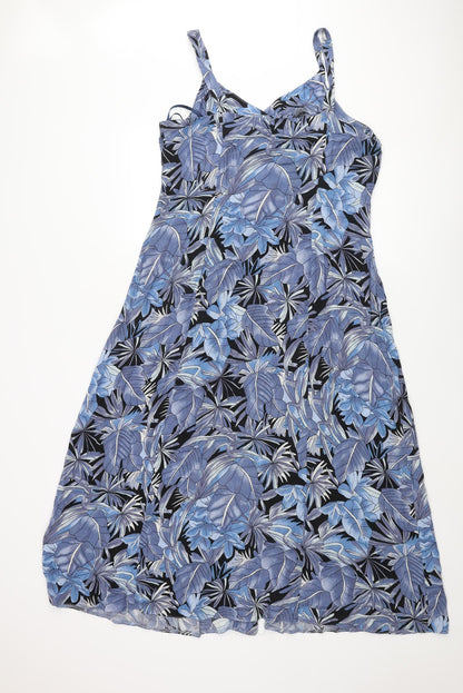 Berkertex Womens Blue Geometric Viscose A-Line Size 16 V-Neck Button - Plant Print