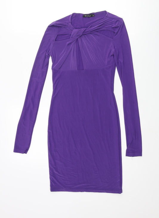 Boohoo Womens Purple Polyester Bodycon Size 8 Round Neck Pullover - Knot Detail