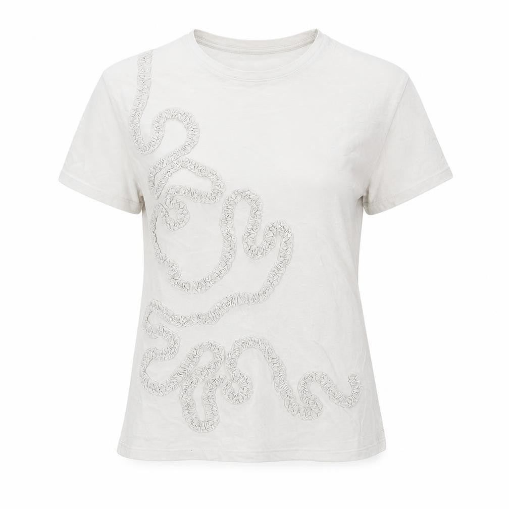 Front view of N EXT women’s grey cotton basic t-shirt, size UK 8, round neck - ruffle swirl detail
