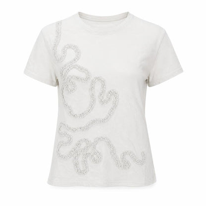 Front view of N EXT women’s grey cotton basic t-shirt, size UK 8, round neck - ruffle swirl detail