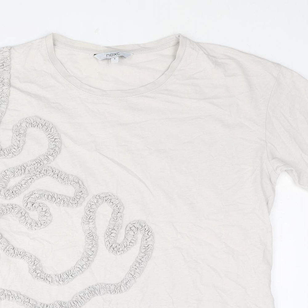 N EXT Womens Grey Cotton Basic T-Shirt Size 8 Round Neck - Ruffle Swirl Detail