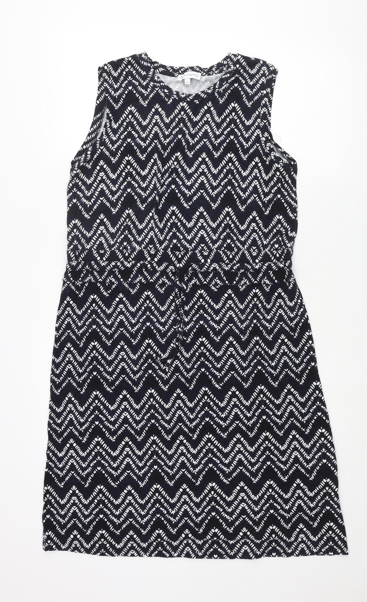 Warehouse Womens Blue Geometric Viscose Shift Size 12 Round Neck Pullover - Drawstring Waist