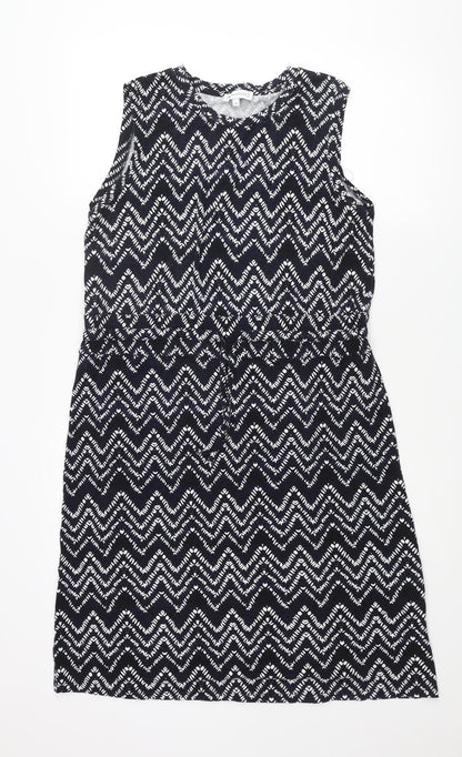 Warehouse Womens Blue Geometric Viscose Shift Size 12 Round Neck Pullover - Drawstring Waist