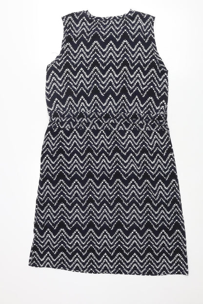 Warehouse Womens Blue Geometric Viscose Shift Size 12 Round Neck Pullover - Drawstring Waist
