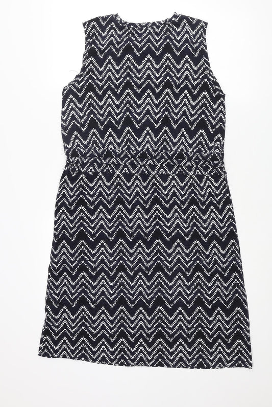 Warehouse Womens Blue Geometric Viscose Shift Size 12 Round Neck Pullover - Drawstring Waist
