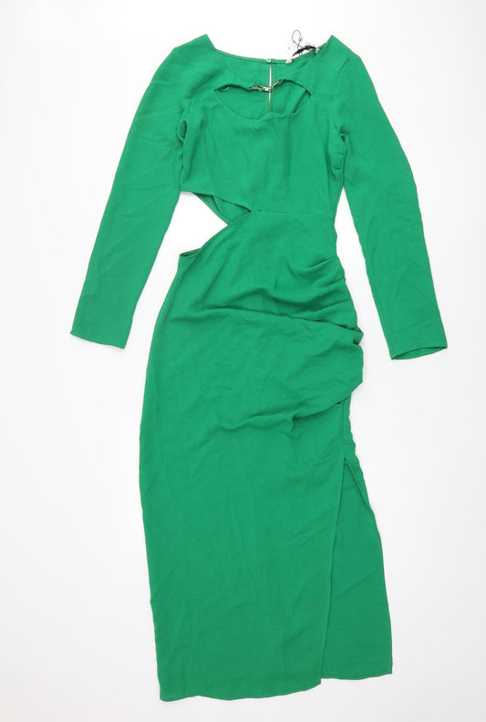 Zara Womens Green Polyester Maxi Size S Round Neck Zip - Rouched Cut Out Buckle Detail