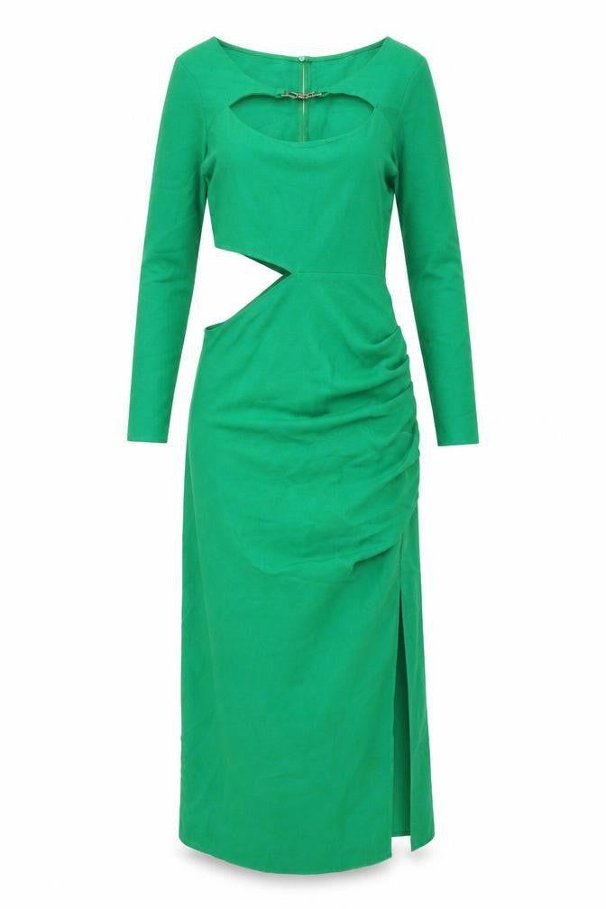 Zara Womens Green Polyester Maxi Size S Round Neck Zip - Rouched Cut Out Buckle Detail