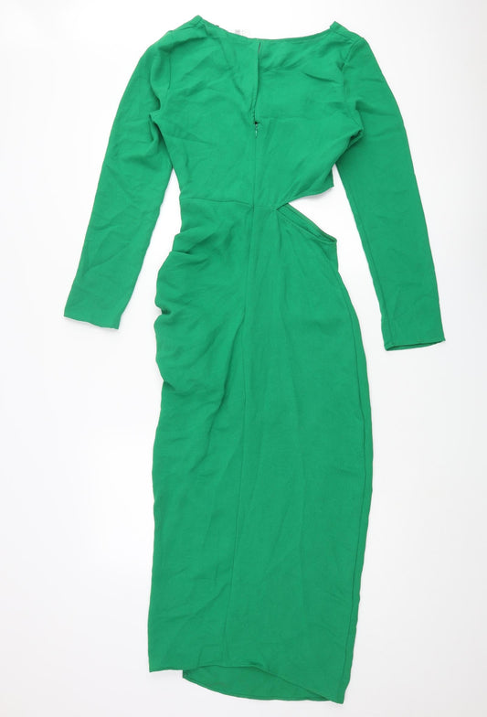 Zara Womens Green Polyester Maxi Size S Round Neck Zip - Rouched Cut Out Buckle Detail