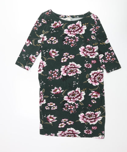 H&M Womens Green Floral Cotton Shift Size M Round Neck Pullover