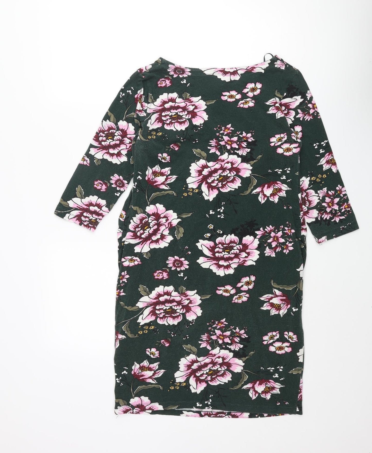 H&M Womens Green Floral Cotton Shift Size M Round Neck Pullover