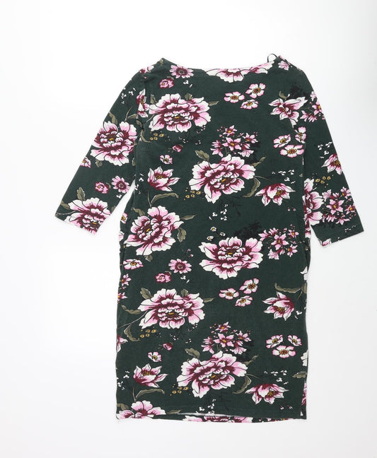 H&M Womens Green Floral Cotton Shift Size M Round Neck Pullover