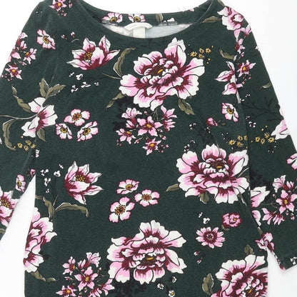 H&M Womens Green Floral Cotton Shift Size M Round Neck Pullover