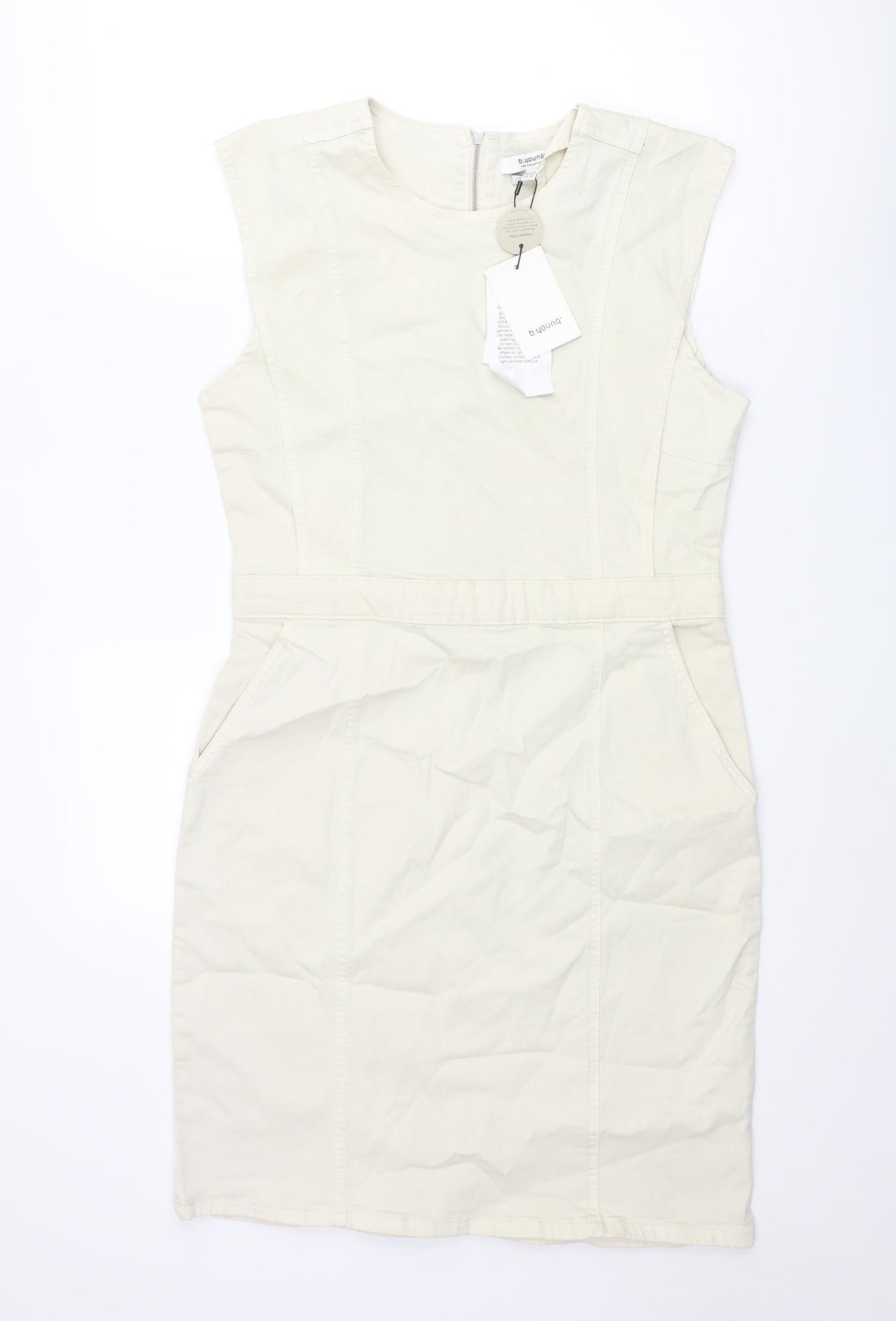 b.young Womens Ivory Cotton Shift Size 14 Round Neck Zip - Panel Detail