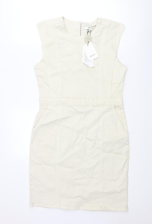 b.young Womens Ivory Cotton Shift Size 14 Round Neck Zip - Panel Detail