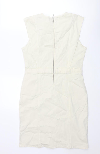 b.young Womens Ivory Cotton Shift Size 14 Round Neck Zip - Panel Detail