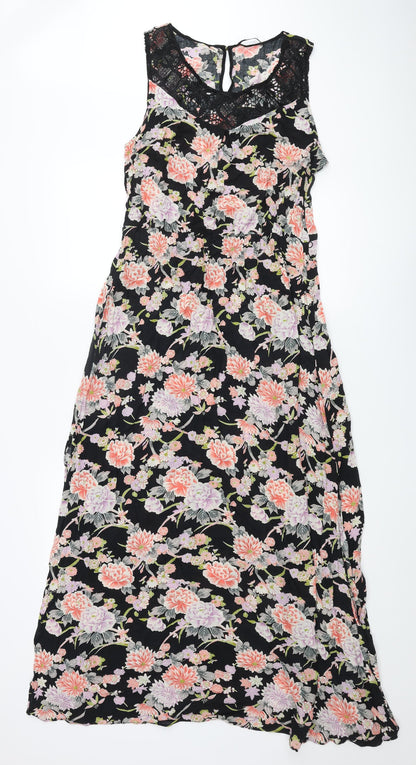 Oasis Womens Multicoloured Floral Viscose Maxi Size 16 Scoop Neck Button - Lace Detail