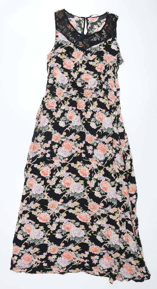 Oasis Womens Multicoloured Floral Viscose Maxi Size 16 Scoop Neck Button - Lace Detail