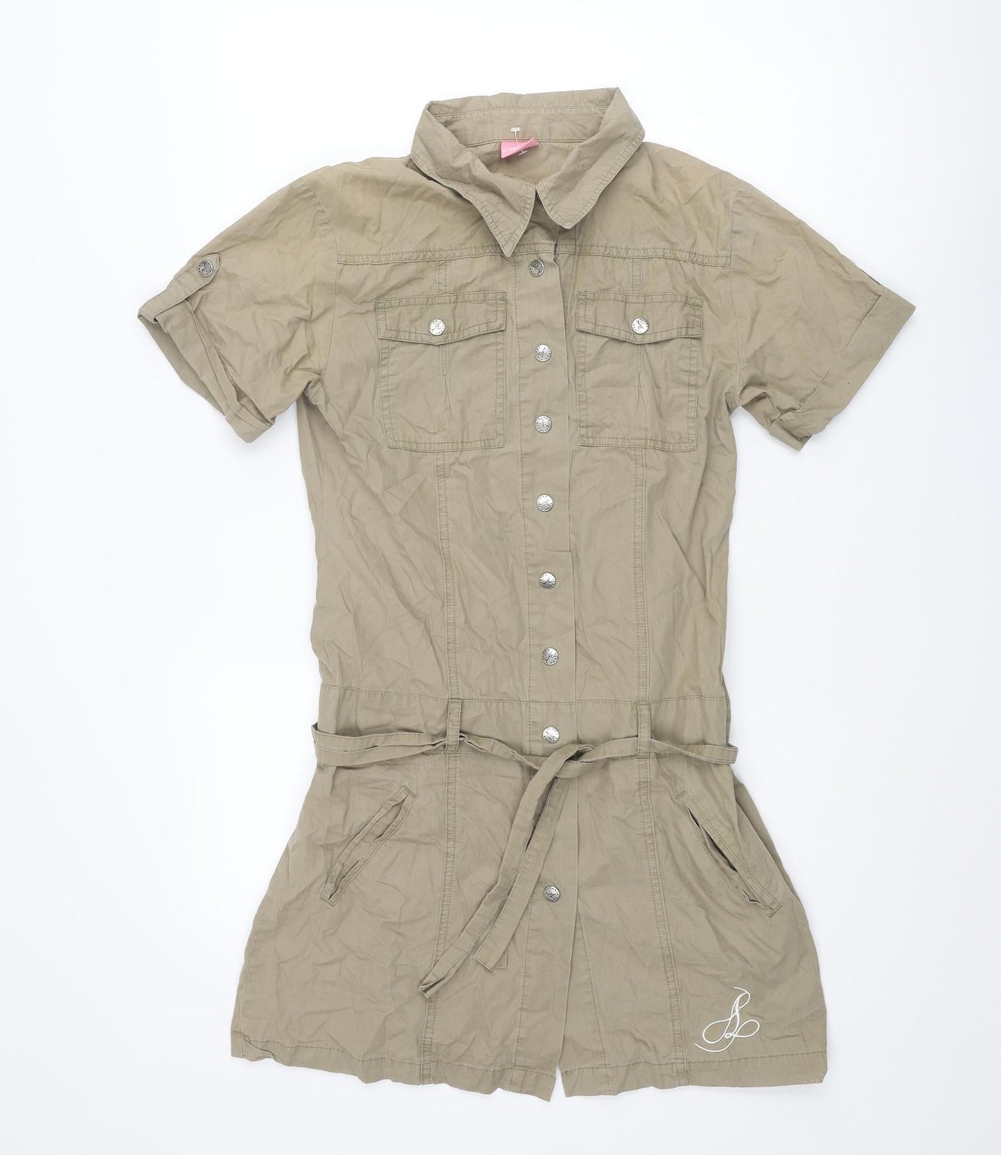 Aloha Womens Brown Cotton Shirt Dress Size 12 Collared Snap - Embroidered Logo Belted