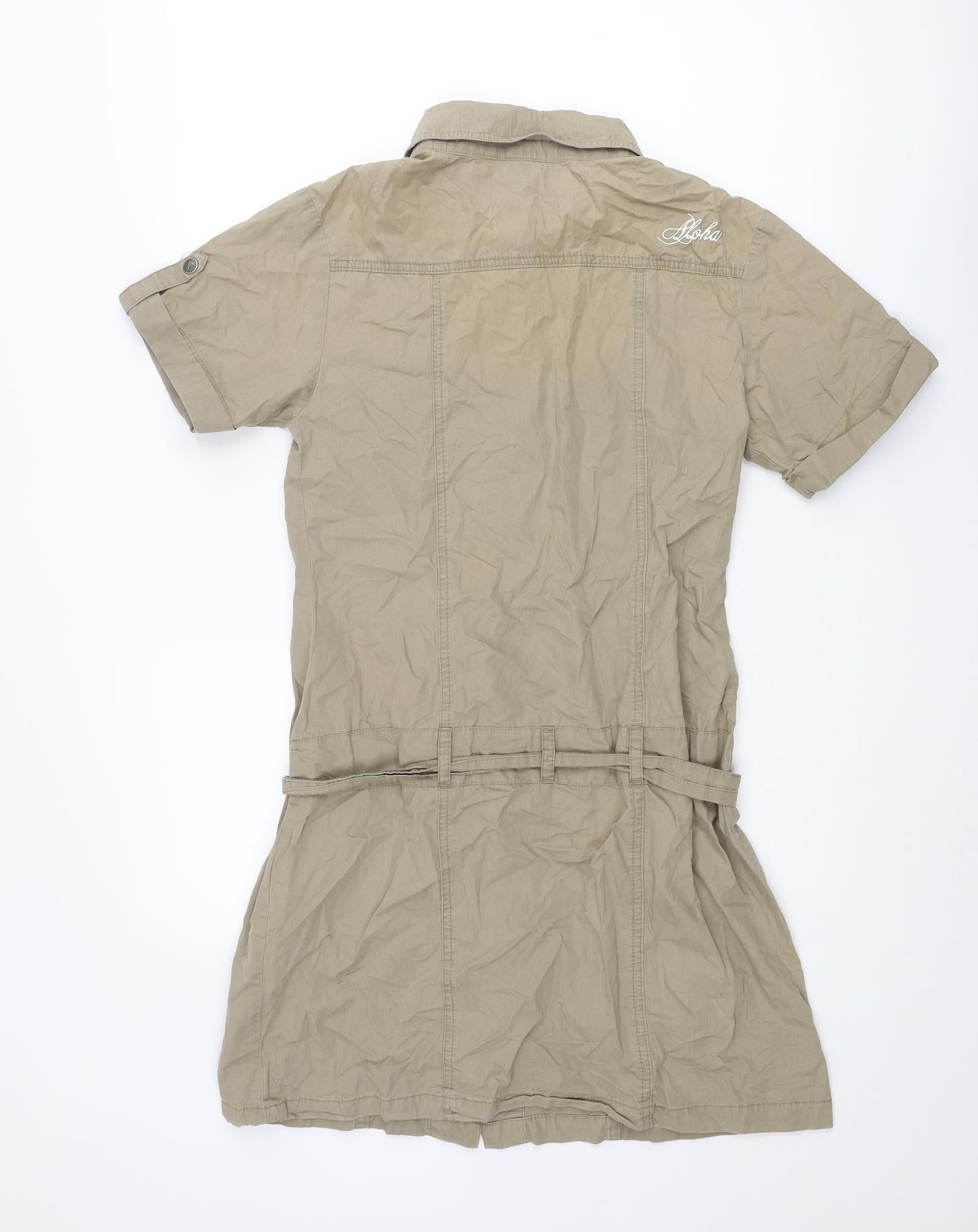 Aloha Womens Brown Cotton Shirt Dress Size 12 Collared Snap - Embroidered Logo Belted
