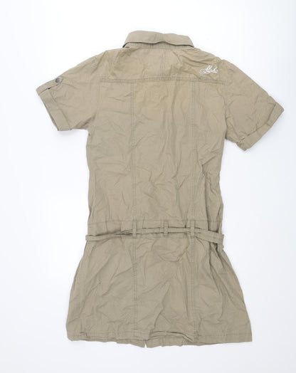 Aloha Womens Brown Cotton Shirt Dress Size 12 Collared Snap - Embroidered Logo Belted