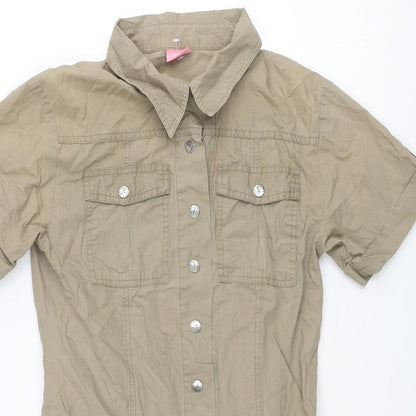 Aloha Womens Brown Cotton Shirt Dress Size 12 Collared Snap - Embroidered Logo Belted