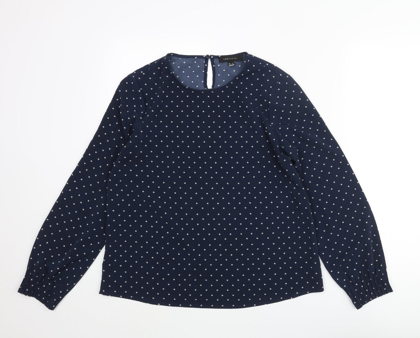 Cortefiel Womens Blue Geometric Polyester Basic Blouse Size S Round Neck