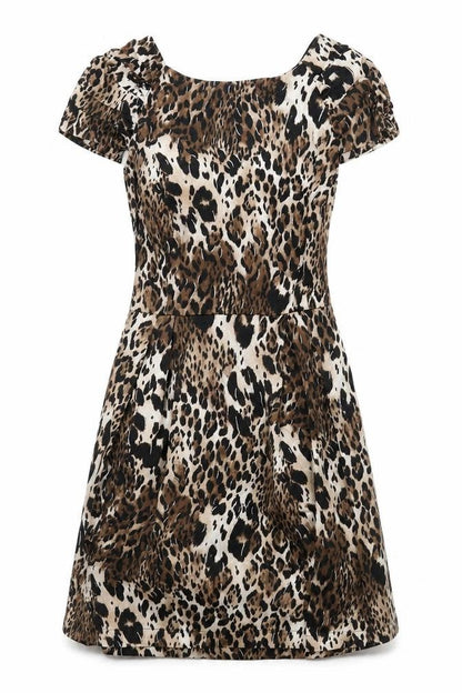 Red Herring Womens Brown Animal Print Cotton Shift Size 14 Round Neck Zip - Leopard Print