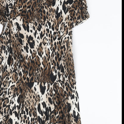 Red Herring Womens Brown Animal Print Cotton Shift Size 14 Round Neck Zip - Leopard Print