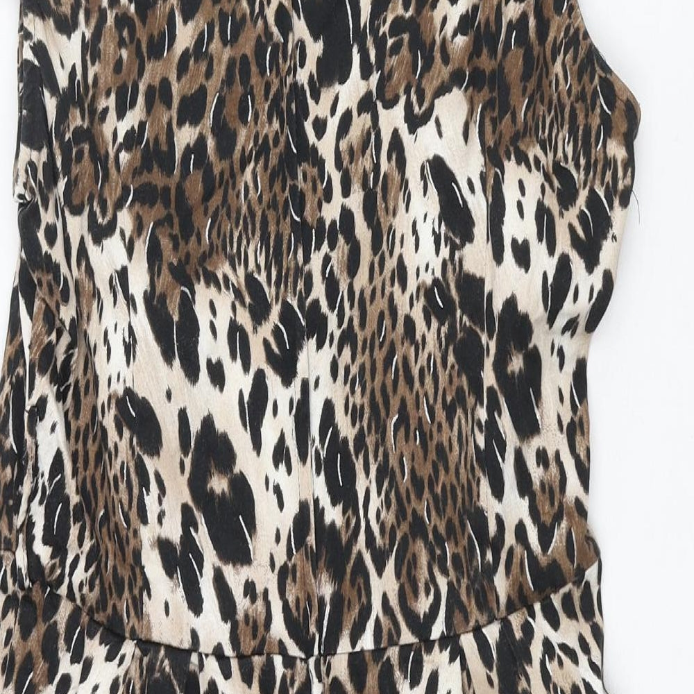 Red Herring Womens Brown Animal Print Cotton Shift Size 14 Round Neck Zip - Leopard Print