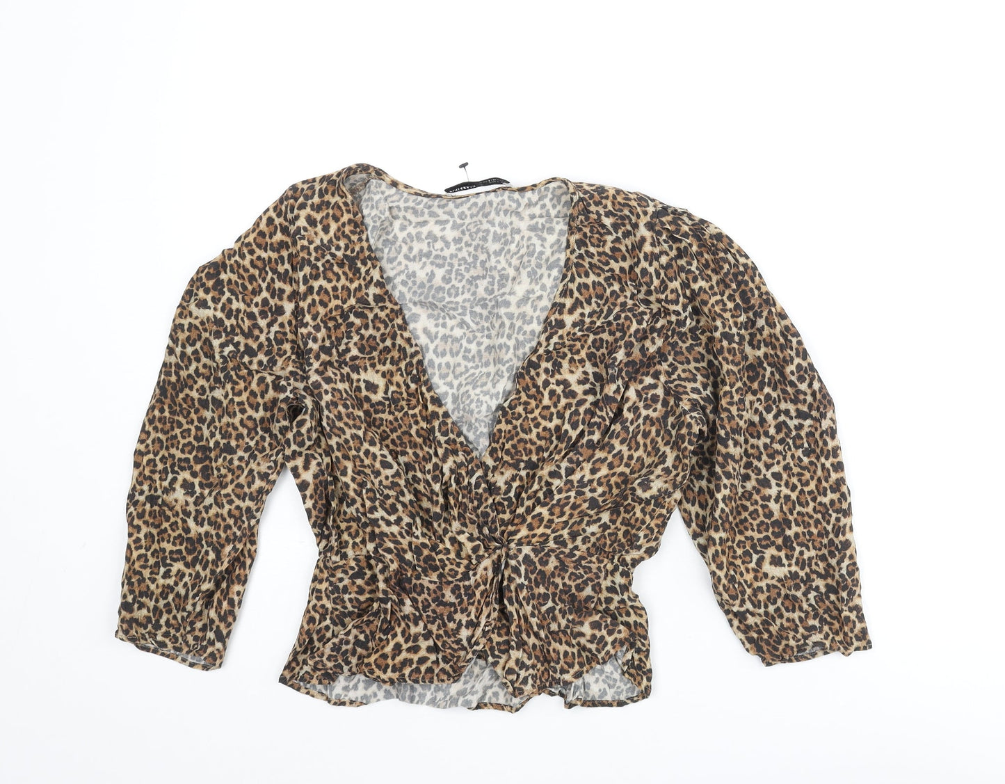 Pull&Bear Womens Brown Animal Print Viscose Cropped Blouse Size S V-Neck - Peplum Wrap Style