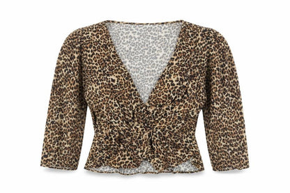Pull&Bear Womens Brown Animal Print Viscose Cropped Blouse Size S V-Neck - Peplum Wrap Style