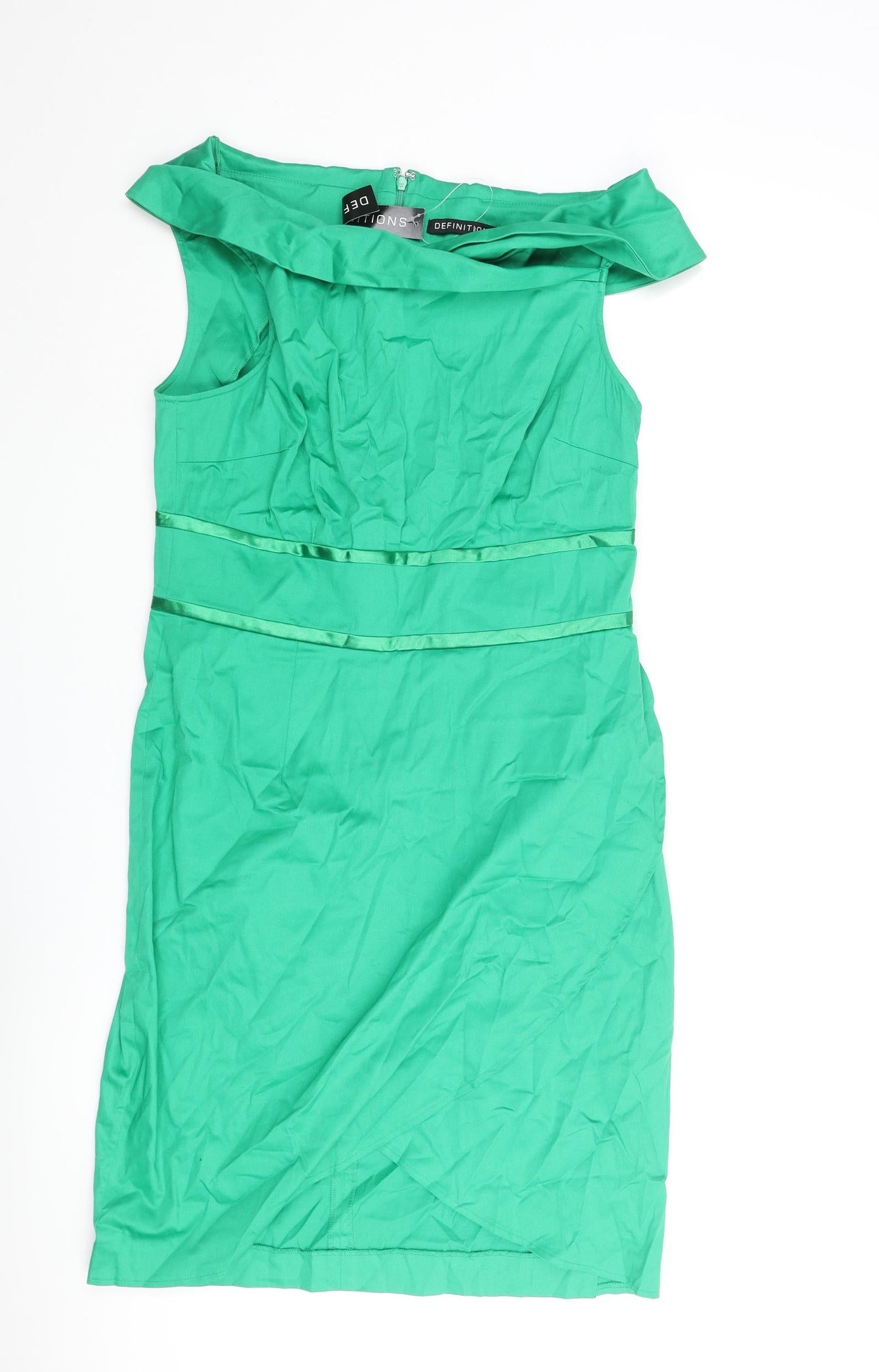 Definitions Womens Green Cotton Pencil Dress Size 10 Off the Shoulder Zip - Belt Detail