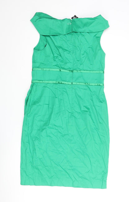 Definitions Womens Green Cotton Pencil Dress Size 10 Off the Shoulder Zip - Belt Detail