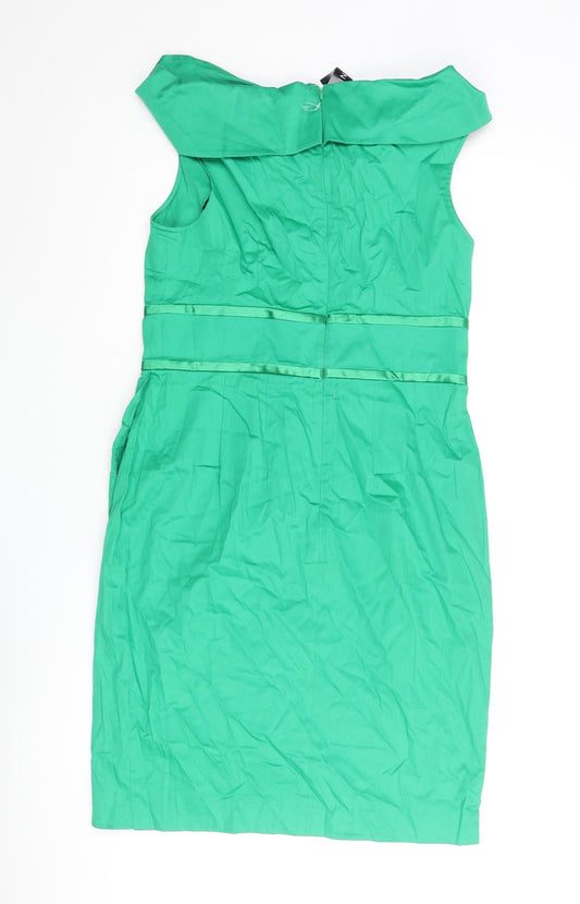 Definitions Womens Green Cotton Pencil Dress Size 10 Off the Shoulder Zip - Belt Detail