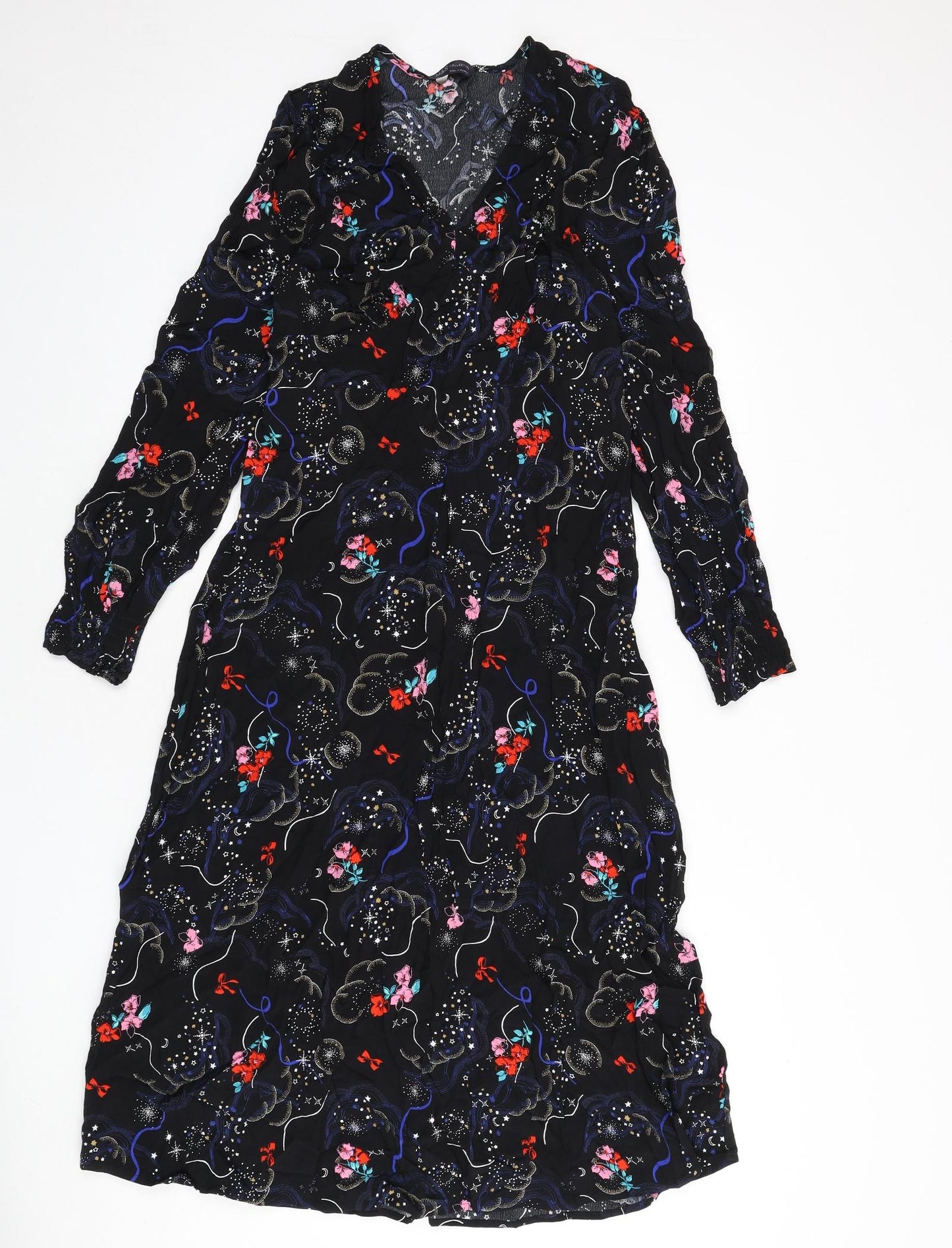 Marks and Spencer Womens Black Geometric Viscose A-Line Size 10 V-Neck Zip - Tie Detail