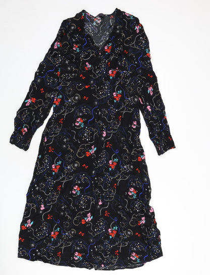 Marks and Spencer Womens Black Geometric Viscose A-Line Size 10 V-Neck Zip - Tie Detail