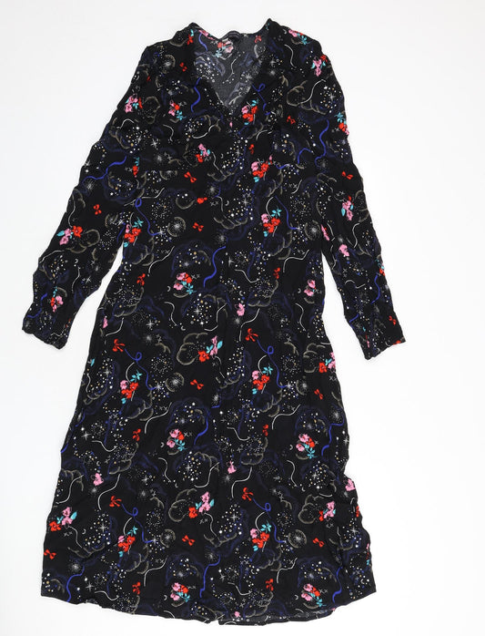 Marks and Spencer Womens Black Geometric Viscose A-Line Size 10 V-Neck Zip - Tie Detail