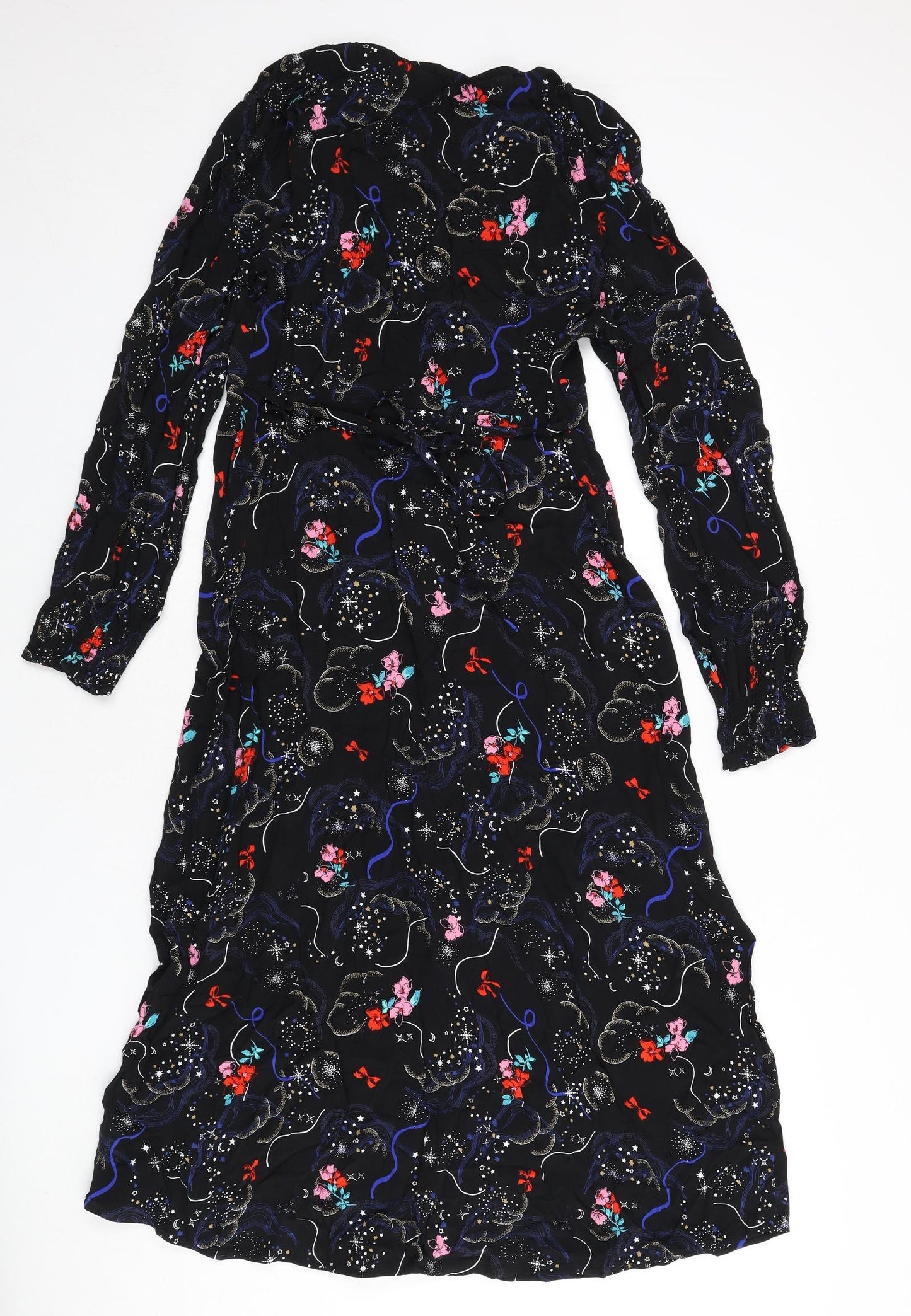 Marks and Spencer Womens Black Geometric Viscose A-Line Size 10 V-Neck Zip - Tie Detail