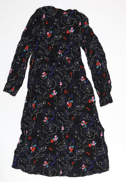 Marks and Spencer Womens Black Geometric Viscose A-Line Size 10 V-Neck Zip - Tie Detail