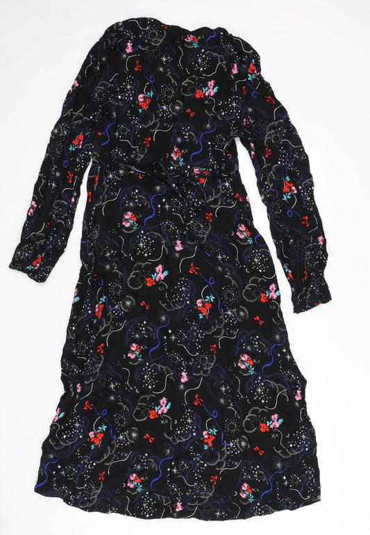 Marks and Spencer Womens Black Geometric Viscose A-Line Size 10 V-Neck Zip - Tie Detail