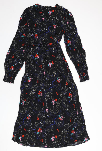 Marks and Spencer Womens Black Geometric Viscose A-Line Size 6 V-Neck Zip - Tie Detail