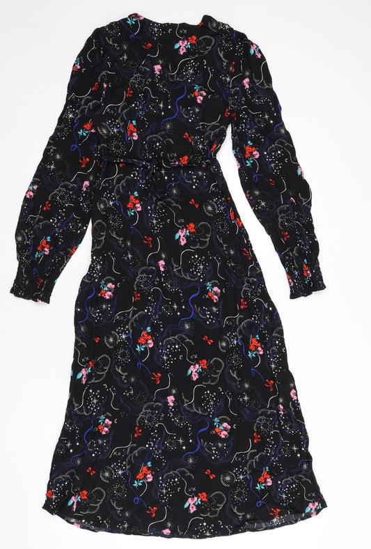 Marks and Spencer Womens Black Geometric Viscose A-Line Size 6 V-Neck Zip - Tie Detail
